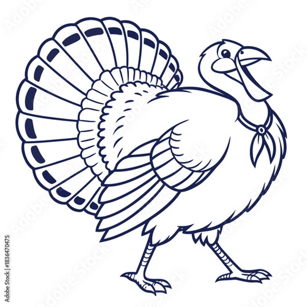 Fototapeta A charming cartoon illustration of a happy turkey with its tail feathers fanned out and wearing a festive bow tie perfect for thanksgiving and autumn designs
