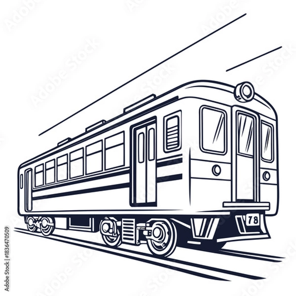 Fototapeta A stylized black and white line art illustration of a vintage passenger train moving along railroad tracks with a sense of motion