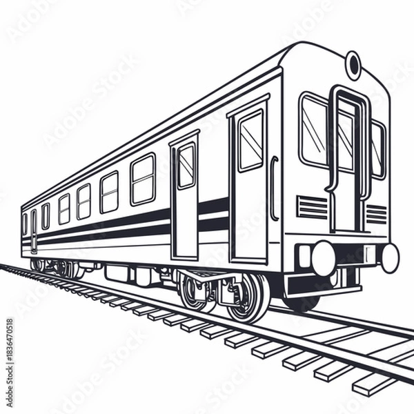 Fototapeta A classic black and white line drawing illustration of a passenger train car with open doors on a railway track isolated on a white background