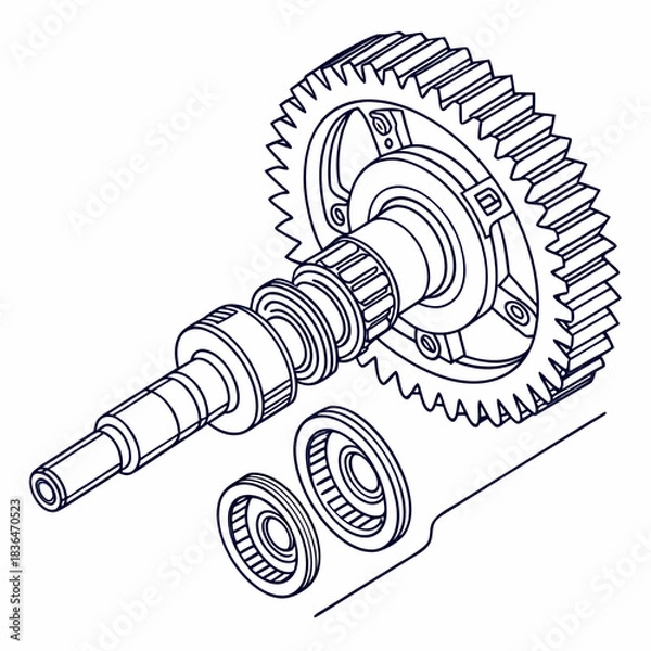 Fototapeta Exploded view isometric line drawing of a mechanical assembly featuring a large gear and shaft with bearings and washers showcasing intricate engineering detail and precision