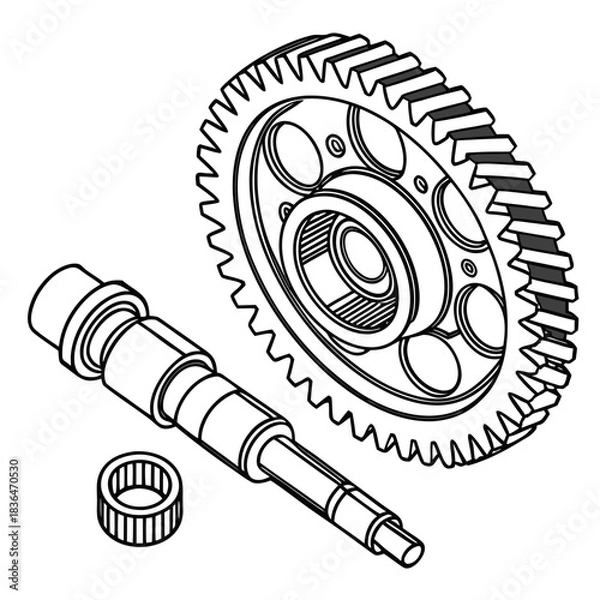Fototapeta Detailed isometric line drawing of a camshaft with a gear and bearing showcasing precision engineering components for mechanical systems and automotive applications