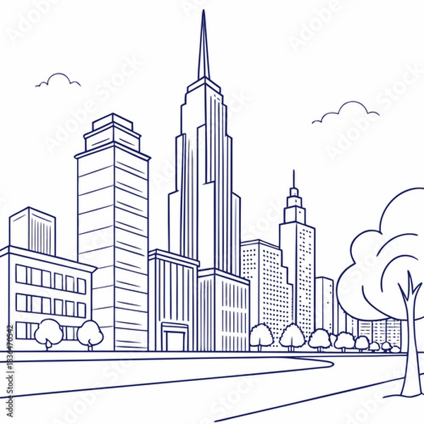 Fototapeta A minimalist line art illustration of a city skyline with tall buildings trees and clouds against a white background conveying urban architecture and nature