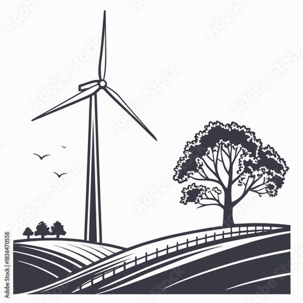 Fototapeta Stylized silhouette of a wind turbine in a rural landscape with rolling hills a large tree a fence and birds flying in the sky representing renewable energy and nature