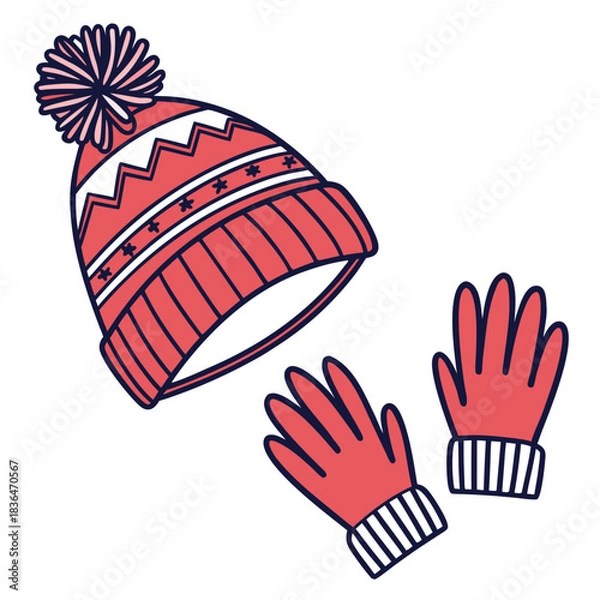 Fototapeta A cheerful red knitted winter hat with a pom pom and decorative stars sits next to a pair of matching red knitted gloves on a white background