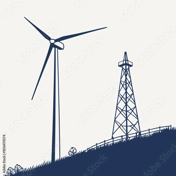Fototapeta Silhouette of a wind turbine and an oil derrick standing on a grassy hill with a fence in the foreground against a plain background