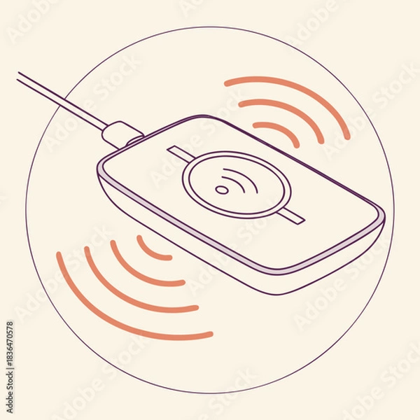 Fototapeta Modern wireless charger emitting radio waves for charging devices depicted in a clean minimalist line art style with a soft color palette