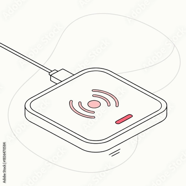 Fototapeta Modern isometric illustration of a wireless charging pad with a connected cable and indicator light symbolizing efficient energy transfer and technology