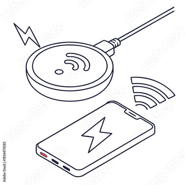 Fototapeta Illustration of a smartphone receiving wireless power from a charging pad connected by a cable symbolizing modern technology and energy transfer