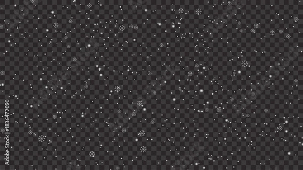 Fototapeta Snowfall background, white snowflakes vector, winter cold weather design. Many falling snow flake elements on transparent background,