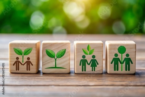 Fototapeta Sustainable Living Depicted Wooden Blocks with People and Plants Emphasizing Eco Friendly Choices and Environmental Responsibility