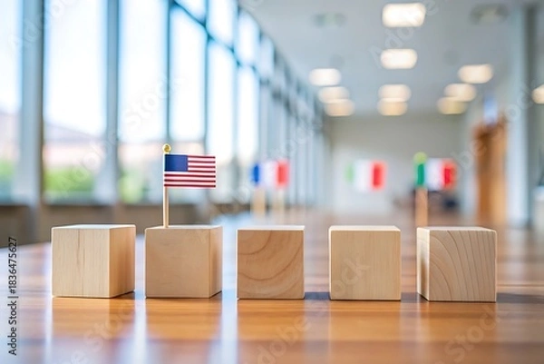 Fototapeta Wooden Blocks with National Flags Representing Countries in Bright Room with Bokeh Background and Shiny Wood Table
