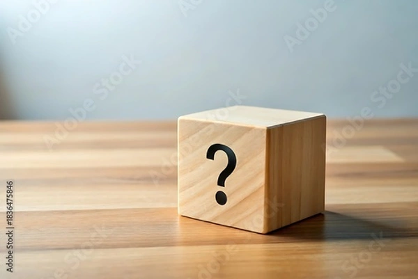 Fototapeta Wooden Block Displaying a Question Mark Symbolizing Uncertainty and Inquiry Standing on a Wood Table