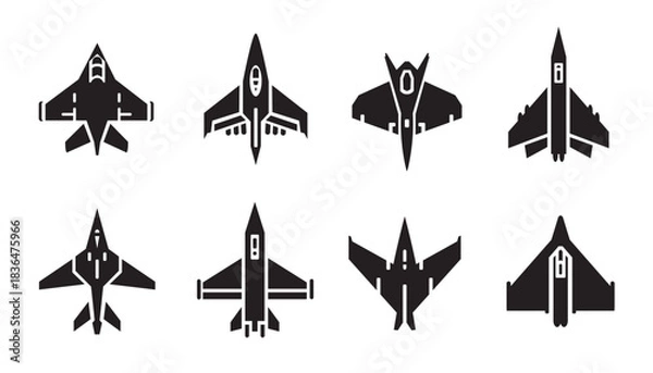 Fototapeta Military fighter jet silhouette set. Top view air force aircraft, supersonic combat plane, and tactical interceptor vector collection.
