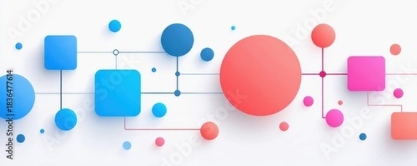 Fototapeta Brainstorming and collaboration concepts. Abstract design featuring geometric shapes in blue, pink, and red colors connected by lines on a white background.