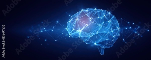 Fototapeta Brainstorming and collaboration concepts. A digital representation of a brain composed of geometric shapes and glowing lines, symbolizing intelligence and technology.