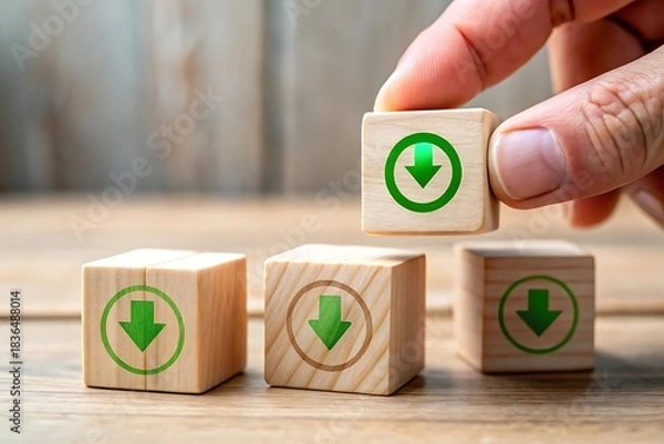 Fototapeta Building Blocks of Strategy Wood Cubes with Green Arrow Down Symbol Represents Growth and Progress Achieving Goals and Development Setting Stage for Success