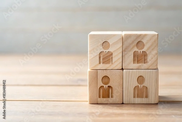 Fototapeta Four Wooden Blocks Stacked with Carved Person Icons on a Wooden Surface Representing Business Teamwork or Human Resources, With a Light Background and Copy Space