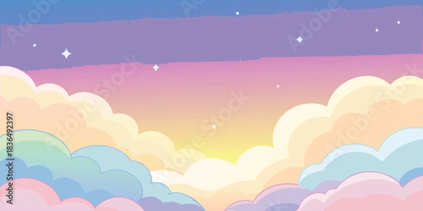 Fototapeta Pink summer sunrise vector illustration of heart-shaped clouds in the bright blue sky with sun rays and a light rainbow design 
