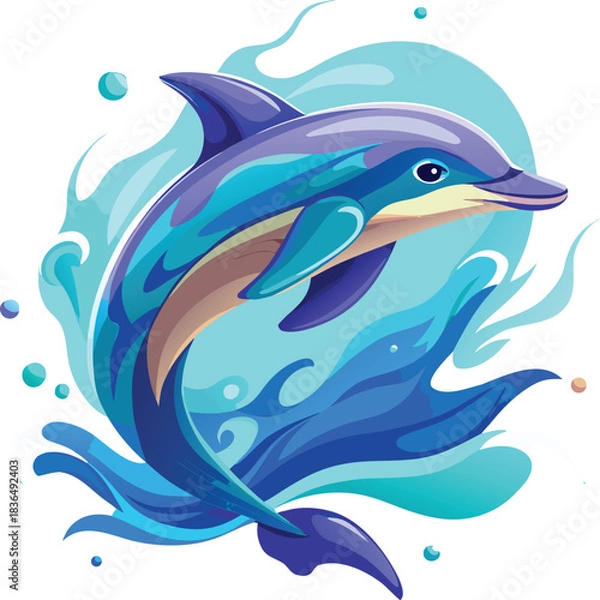 Fototapeta Dolphin vector illustration jumping from a blue ocean wave