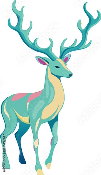 Fototapeta Christmas illustration of a deer or reindeer silhouette vector with antlers and a tree