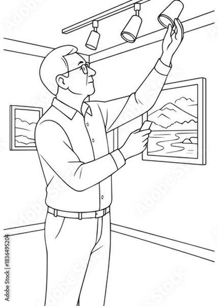 Obraz coloring book Father painter adjusting studio spotlight for artwork display
