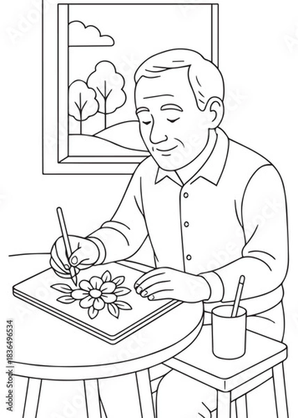 Obraz coloring book Father painter drawing colorful flowers on table