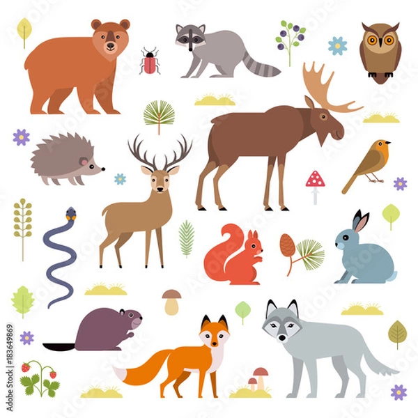 Obraz Ilustracja wektorowa zwierząt leśnych: łoś, jeleń, niedźwiedź, jeż, królik, wiewiórka, bóbr, wilk, lis, szop, sowa, zaskroniec, na białym tle.