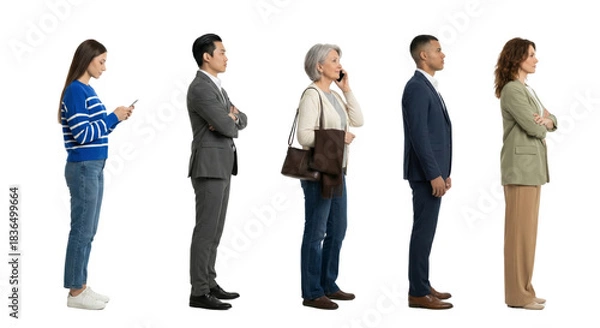 Fototapeta Diverse group of people standing in line, showcasing professional and casual attire, isolated on a