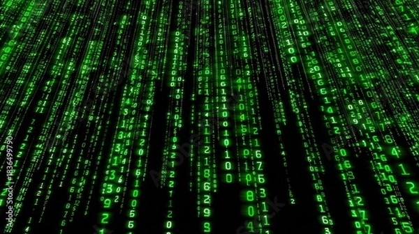 Obraz Green digital code streams vertically on a black screen, resembling the iconic Matrix movie visual.