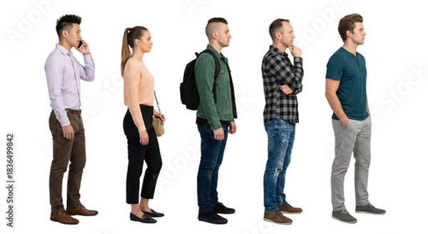 Fototapeta Diverse group of people standing in line against a transparent background for cutout use