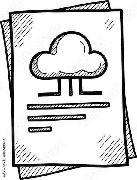 Obraz Hand-drawn simple paper document with a cloud icon, doodle solid black on white, indicating cloud document storage