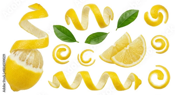 Fototapeta Artistic presentation of fresh lemons with decorative peels and leaves against a stark setting