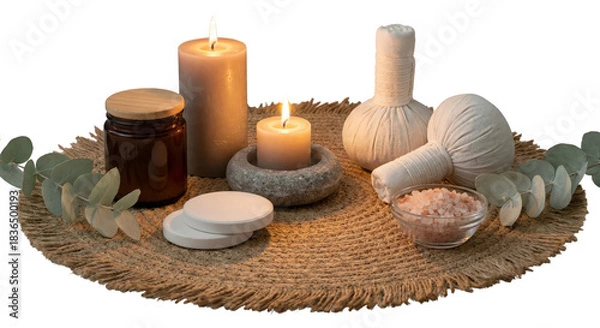 Fototapeta Ethereal spa composition featuring candles, herbal compresses, and natural elements on textured mat