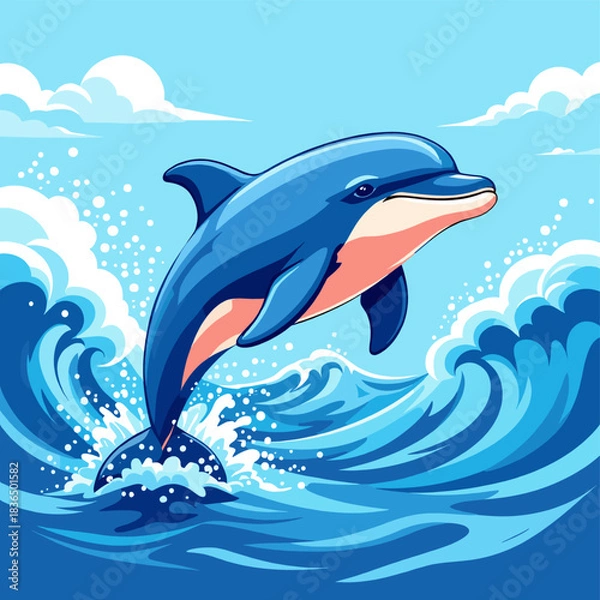 Fototapeta Happy Dolphin Jumping from Ocean Waves with Playful Splash and Bright Summer Sea Scene