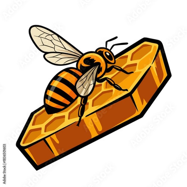Fototapeta Honey Bee on Golden Honeycomb Hexagon with Sweet Organic Apiary Concept