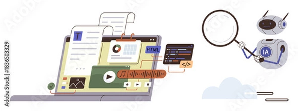 Obraz Robot holding magnifying glass examining laptop screen with web content, HTML code, and media. Ideal for web development, AI tools, tech education, coding, analytics, data science simple flat