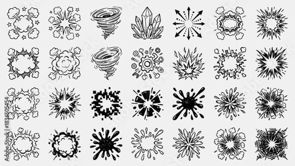 Fototapeta Abstract Burst Icons: A Grid of Black-and-White Symmetrical Designs Featuring Spirals, Splashes, Floral Motifs, and Crystalline Patterns for Bohemian-Inspired UI, Branding, and Mystical Visual