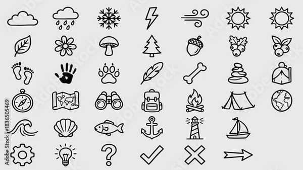 Fototapeta Nature & Adventure Icon Grid: Black-and-White Symbols Featuring Weather, Wildlife, Camping Gear, and Outdoor Motifs for Bohemian-Inspired UI, Journaling, and Mystical Visual Storytelling