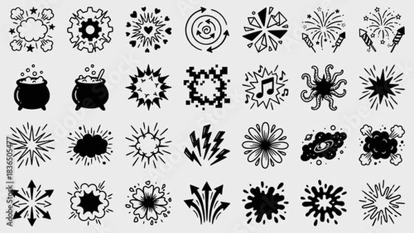 Fototapeta Mystical Burst Icons: A Grid of Black-and-White Symbols Featuring Cauldrons, Lightning, Swirls, and Starbursts for Bohemian-Inspired Magical UI, Campaigns, and Visual Storytelling