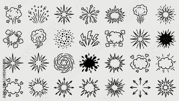 Fototapeta Organic Burst Icons: A Grid of Black-and-White Abstract Shapes Featuring Starbursts, Spirals, Clouds, and Floral Forms for Bohemian-Inspired UI, Branding, and Mystical Visual Storytelling