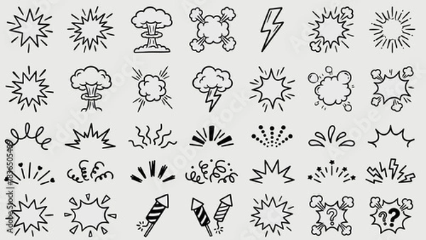 Fototapeta Comic Impact Icons: A Grid of Hand-Drawn Black-and-White Explosions, Lightning Bolts, Starbursts, and Abstract Bursts for Bohemian-Inspired Visual Storytelling in Campaigns, UI, and Graphic Design