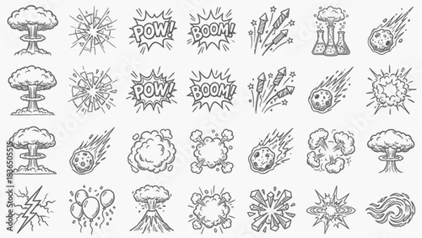 Fototapeta Comic Impact Icons: A Grid of Hand-Drawn Black-and-White Explosions, Lightning Bolts, “POW!”, “BOOM!”, and Meteor Bursts for Bohemian-Inspired Visual Storytelling in Campaigns, UI, and Graphic 