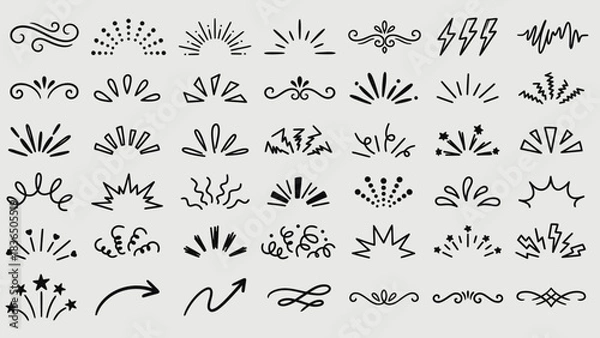 Fototapeta Ornamental Burst Grid: Black-and-White Flourishes, Swirls, Lightning Bolts, Stars, and Arrows for Bohemian-Inspired UI Accents, Typography Embellishments, and Mystical Visual Storytelling