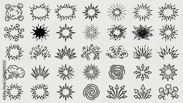 Fototapeta Organic Burst Icons: A Grid of Black-and-White Abstract Shapes Featuring Starbursts, Spirals, Clouds, and Floral Forms for Bohemian-Inspired UI, Branding, and Mystical Visual Storytelling