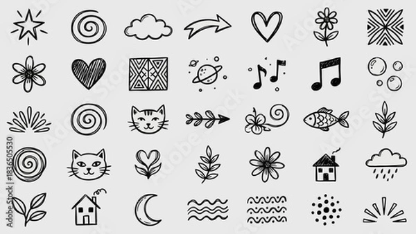 Fototapeta Whimsical Nature Doodles: A Grid of Hand-Drawn Black-and-White Icons Featuring Cats, Clouds, Spirals, Celestial Symbols, and Musical Notes for Bohemian-Inspired Journaling, UI, and Visual Storytell