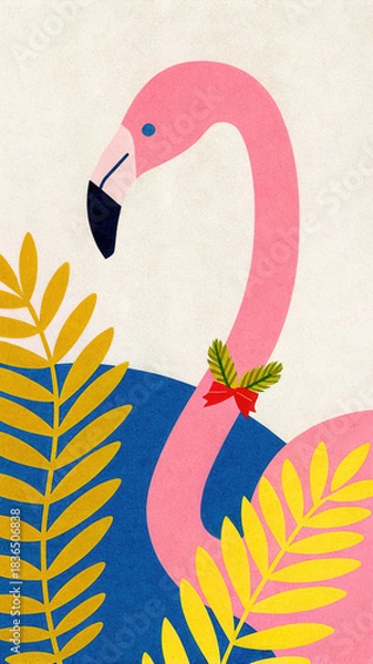 Obraz Tropical Christmas Flamingo concept. Colorful illustration of a flamingo surrounded by tropical leaves on a textured background.