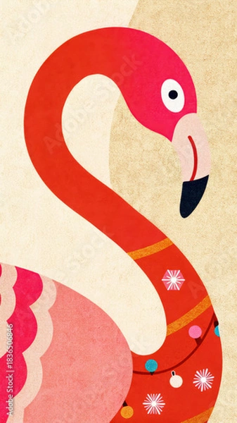 Obraz Tropical Christmas Flamingo concept. Colorful illustration of a flamingo adorned with decorative elements against a textured background.