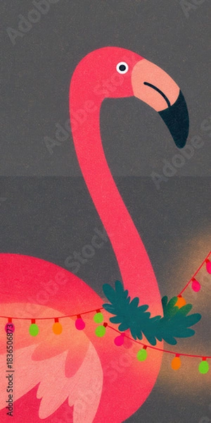 Obraz Tropical Christmas Flamingo concept. Colorful flamingo adorned with festive lights and greenery against a textured background.