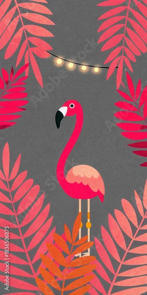 Obraz Tropical Christmas Flamingo concept. Vibrant illustration of a pink flamingo surrounded by colorful leaves and fairy lights.