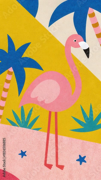 Obraz Tropical Christmas Flamingo concept. Colorful illustration of a pink flamingo surrounded by tropical plants and bright geometric patterns.